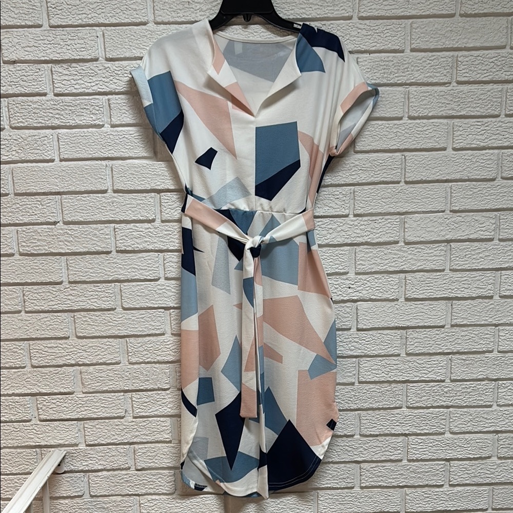 Geometric Print Dress in Blue and Pink